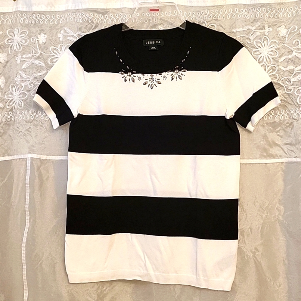 Nautical Theme Black & White Striped Knit Top, Sparkle Floral Pattern at Neck, M